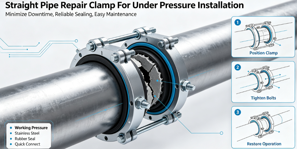 Under Pressure Quick Installation Straight Pipe Repair Clamp, No Pipeline Shutdown & Drainage Required